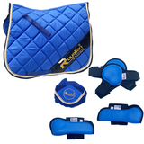 Horse Riding Blue Big Diamond Cotton Dressage Pad Set - One Fly veil – Two Brushing Boots – Two Hind Boots (Full)