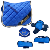 Royalian Equestrian Horse Cotton Blue Big Diamond Full Dressage Pad Set - One Fly veil – Two Brushing Boots – Two Hind Boots tapis de selles - Royalian